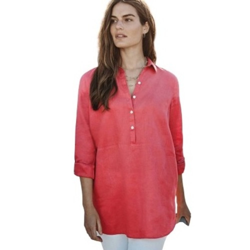 J Jill Love Linen Tunic Shirt Coral‎ Pink Clove Roll Tab Sleeve Lightweight - L